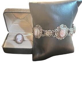 Vintage Cameo Bracelet and Ring Set - Pink Cameo, sterling Silver